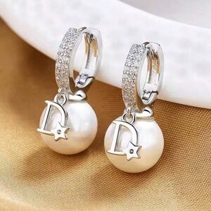 Fashion Silver Pearl Drop Hoop Earrings